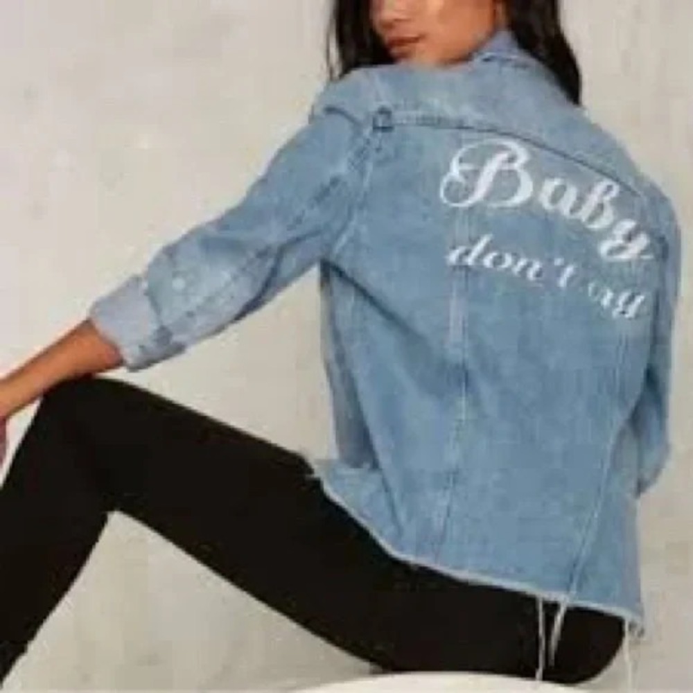 Pistola Denim Jacket Womens S Light Blue Baby Don't Cry Graphic Raw Hem Edgy